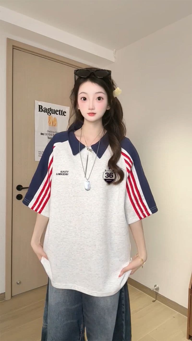 250그램 조수 브랜드 양면 반팔 티셔츠 여성 여름 새로운 한 부서 삽입 어깨 소매 스트라이프 POLO 칼라 맨위 상세 이미지 10
