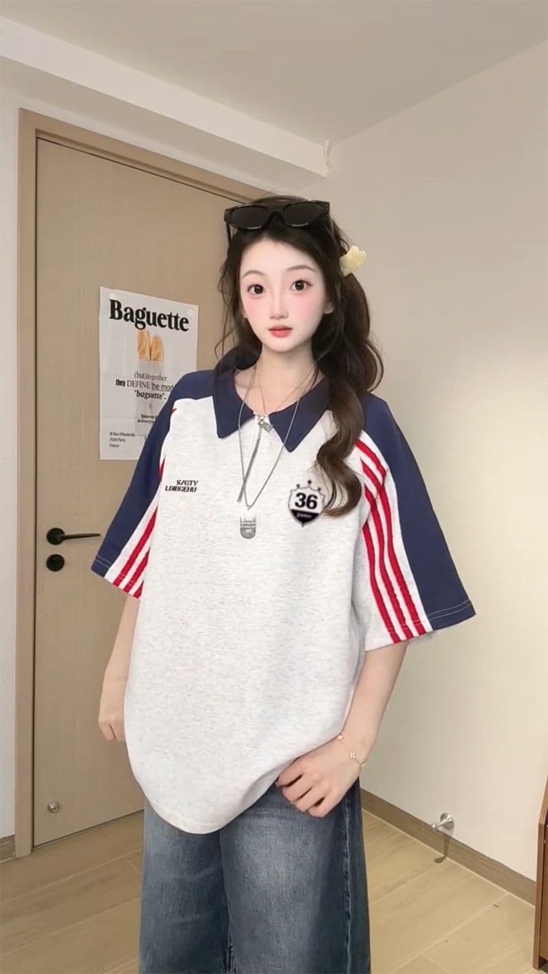 250그램 조수 브랜드 양면 반팔 티셔츠 여성 여름 새로운 한 부서 삽입 어깨 소매 스트라이프 POLO 칼라 맨위 상세 이미지 11