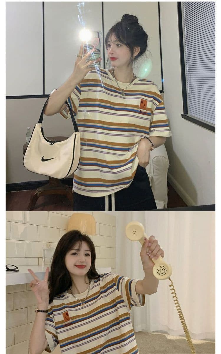 경관 그림 흔들어서 톤 품질 반팔 티셔츠 여성 여름 2026 트렌디 섹션 라운드 넥 스트라이프 자수 새로운 맨위 빅 사이즈 여성 의류 상세 이미지 2
