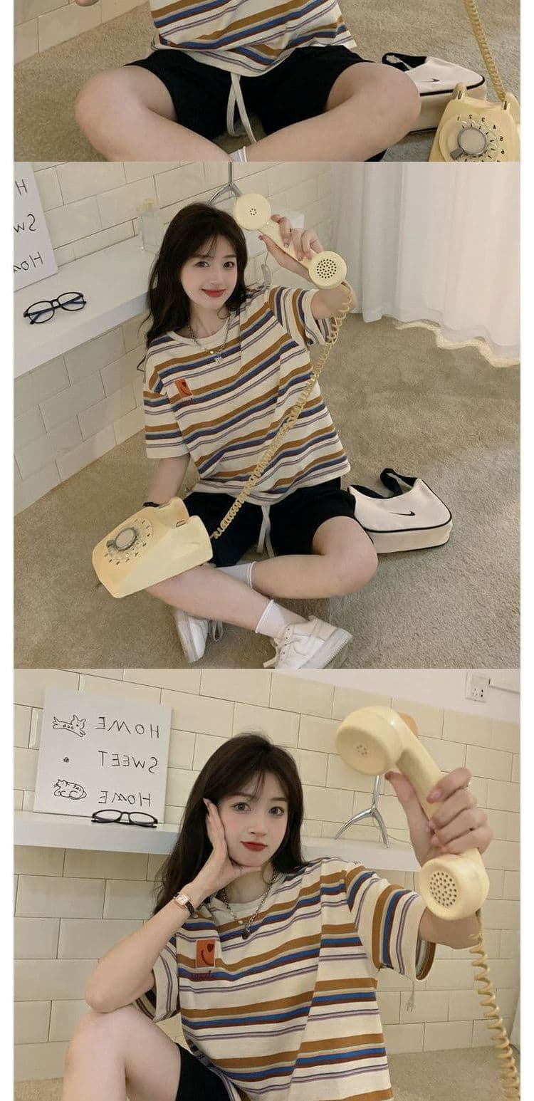 경관 그림 흔들어서 톤 품질 반팔 티셔츠 여성 여름 2026 트렌디 섹션 라운드 넥 스트라이프 자수 새로운 맨위 빅 사이즈 여성 의류 상세 이미지 3