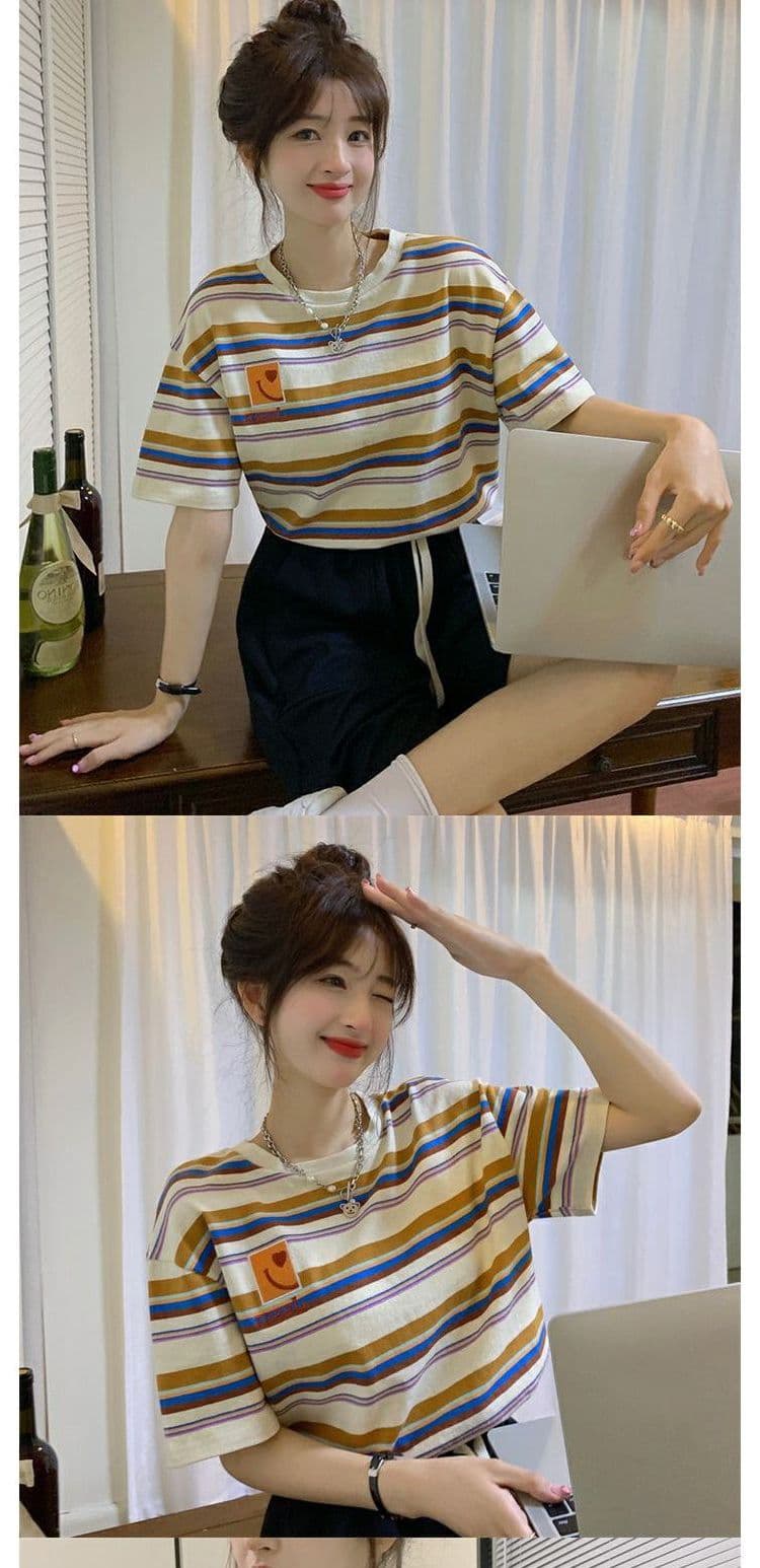 경관 그림 흔들어서 톤 품질 반팔 티셔츠 여성 여름 2026 트렌디 섹션 라운드 넥 스트라이프 자수 새로운 맨위 빅 사이즈 여성 의류 상세 이미지 8