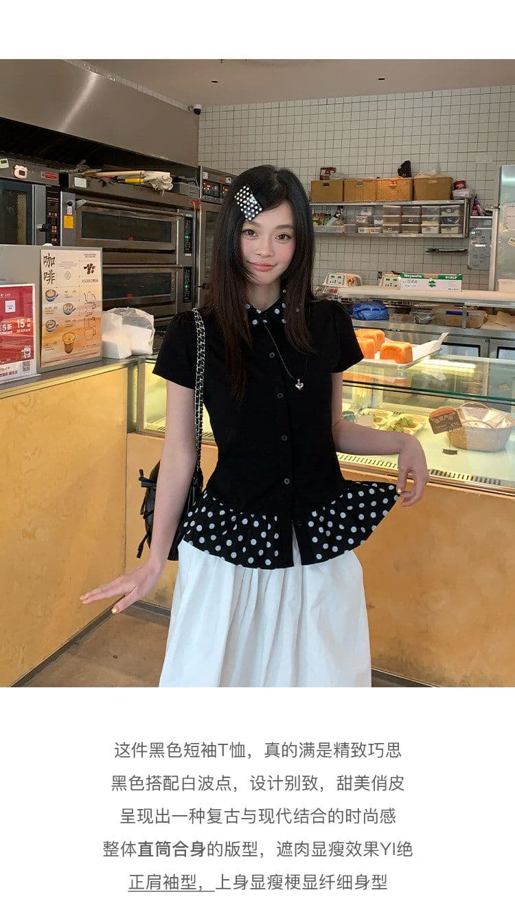 1 1 순면 리브 반팔 티셔츠 여성 의류 여름 새로운 달콤함 페이크 레이어드 도트 무늬 베이비 칼라 맨위 상세 이미지 8