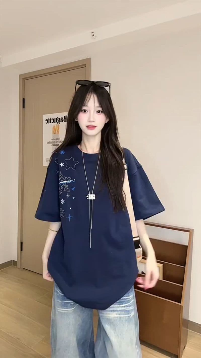 32 더블 실 순면 반팔 티셔츠 여름 새로운 중간 길이 긍정적 인 어깨 가시 자수 라운드 넥 맨위 여성 의류 이미지 4