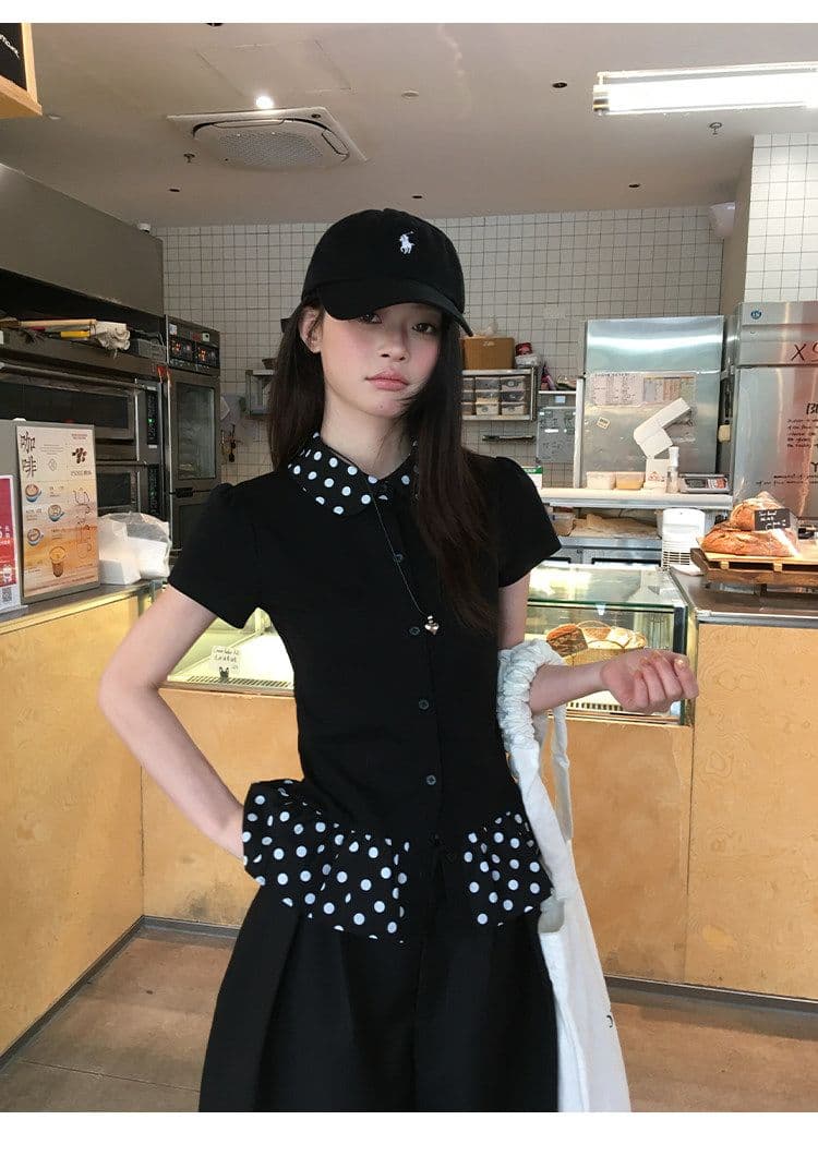 1 1 순면 리브 반팔 티셔츠 여성 의류 여름 새로운 달콤함 페이크 레이어드 도트 무늬 베이비 칼라 맨위 상세 이미지 20