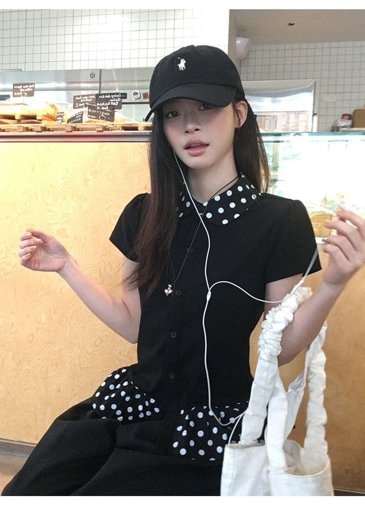 1 1 순면 리브 반팔 티셔츠 여성 의류 여름 새로운 달콤함 페이크 레이어드 도트 무늬 베이비 칼라 맨위 상세 이미지 25