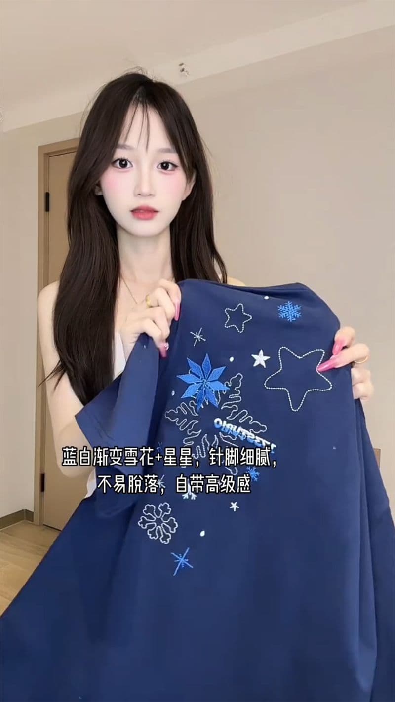 32 더블 실 순면 반팔 티셔츠 여름 새로운 중간 길이 긍정적 인 어깨 가시 자수 라운드 넥 맨위 여성 의류 상세 이미지 9