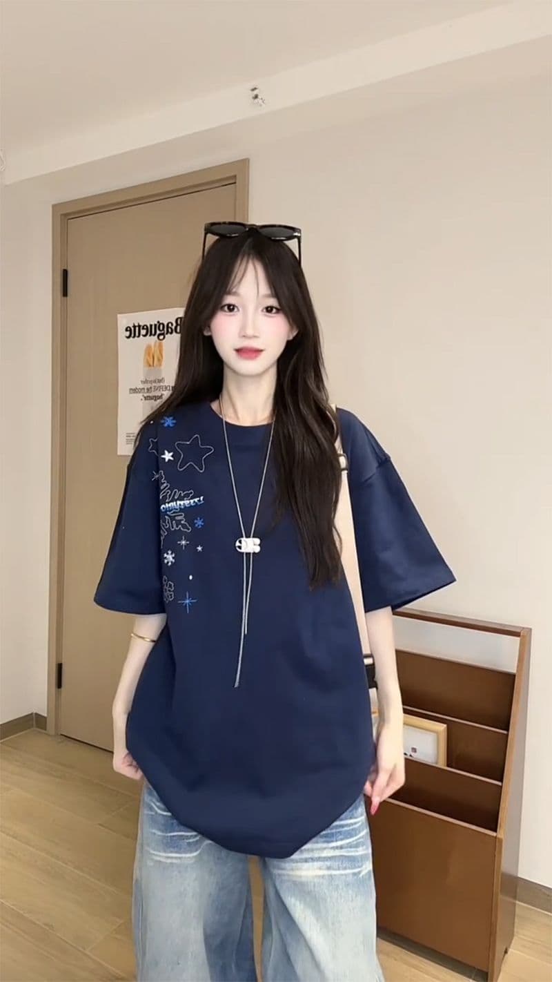 32 더블 실 순면 반팔 티셔츠 여름 새로운 중간 길이 긍정적 인 어깨 가시 자수 라운드 넥 맨위 여성 의류 상세 이미지 10