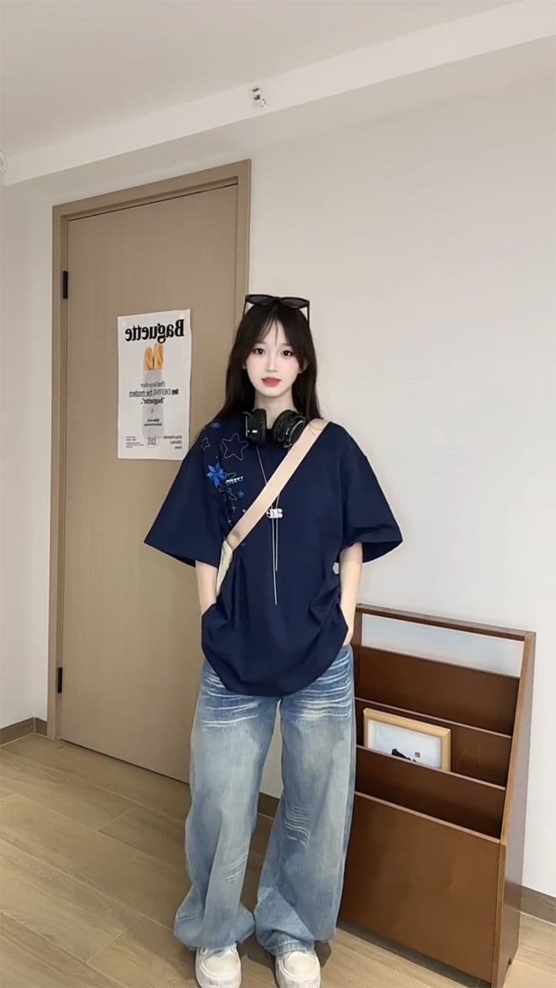 32 더블 실 순면 반팔 티셔츠 여름 새로운 중간 길이 긍정적 인 어깨 가시 자수 라운드 넥 맨위 여성 의류 상세 이미지 12