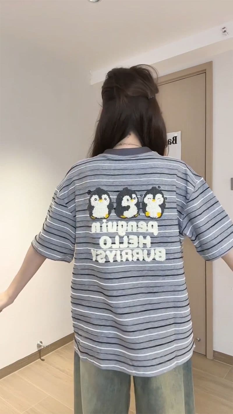 240 그램 자카드 스트라이프 반팔 티셔츠 여성 여름 새로운 레트로 만화 자수 루즈핏 라운드 넥 맨위 이미지 3