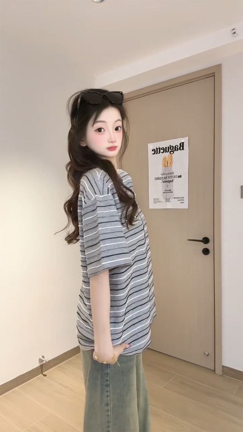 240 그램 자카드 스트라이프 반팔 티셔츠 여성 여름 새로운 레트로 만화 자수 루즈핏 라운드 넥 맨위 이미지 2