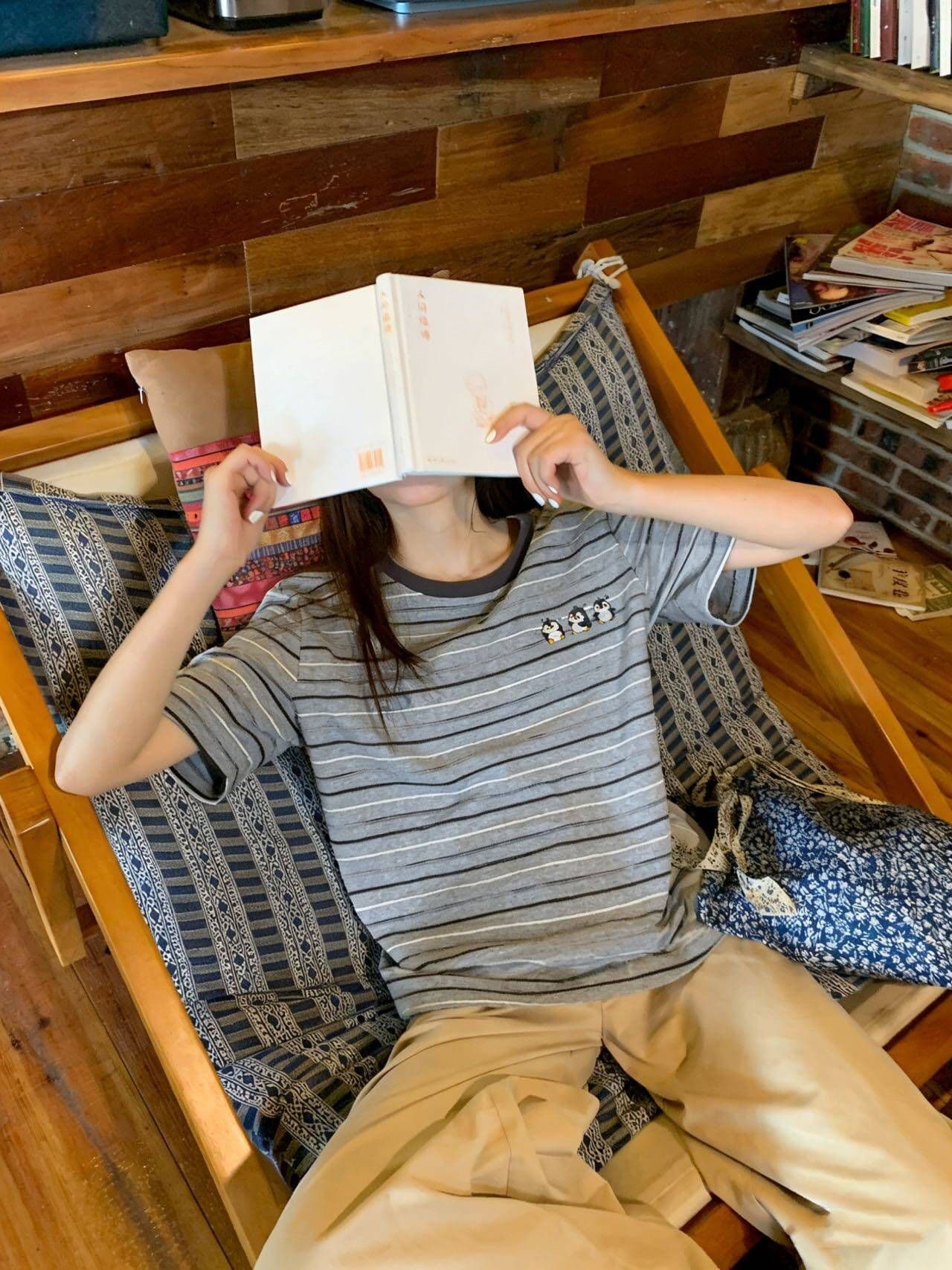 240 그램 자카드 스트라이프 반팔 티셔츠 여성 여름 새로운 레트로 만화 자수 루즈핏 라운드 넥 맨위 상세 이미지 4
