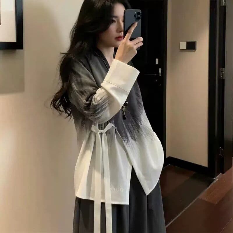 2026 봄 새로운 맨위 여성 새로운 중식 로브 홀치기 염색 스트랩 반팔 셔츠 재킷 중성 이미지 5