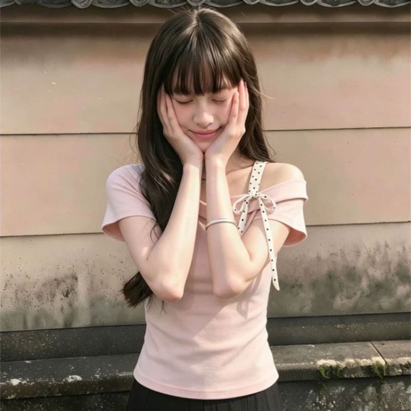 40 순면 양면 칫솔질 프랑스식 나비 매듭 비스듬한 칼라 오프숄더 슬립 티셔츠 작은 키 몸매 가꾸기 쇼트 스타일 반팔 이미지 5
