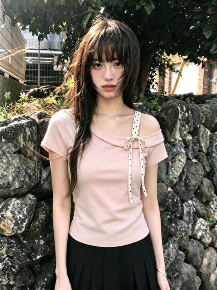 40 순면 양면 칫솔질 프랑스식 나비 매듭 비스듬한 칼라 오프숄더 슬립 티셔츠 작은 키 몸매 가꾸기 쇼트 스타일 반팔 상세 이미지 2