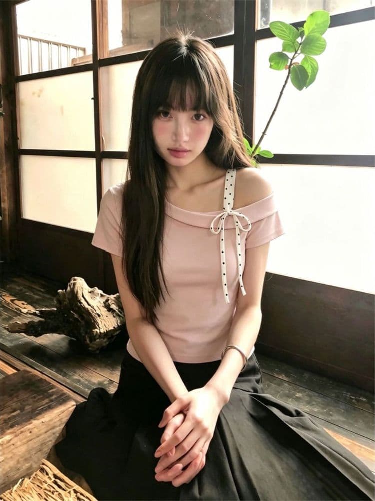 40 순면 양면 칫솔질 프랑스식 나비 매듭 비스듬한 칼라 오프숄더 슬립 티셔츠 작은 키 몸매 가꾸기 쇼트 스타일 반팔 상세 이미지 3