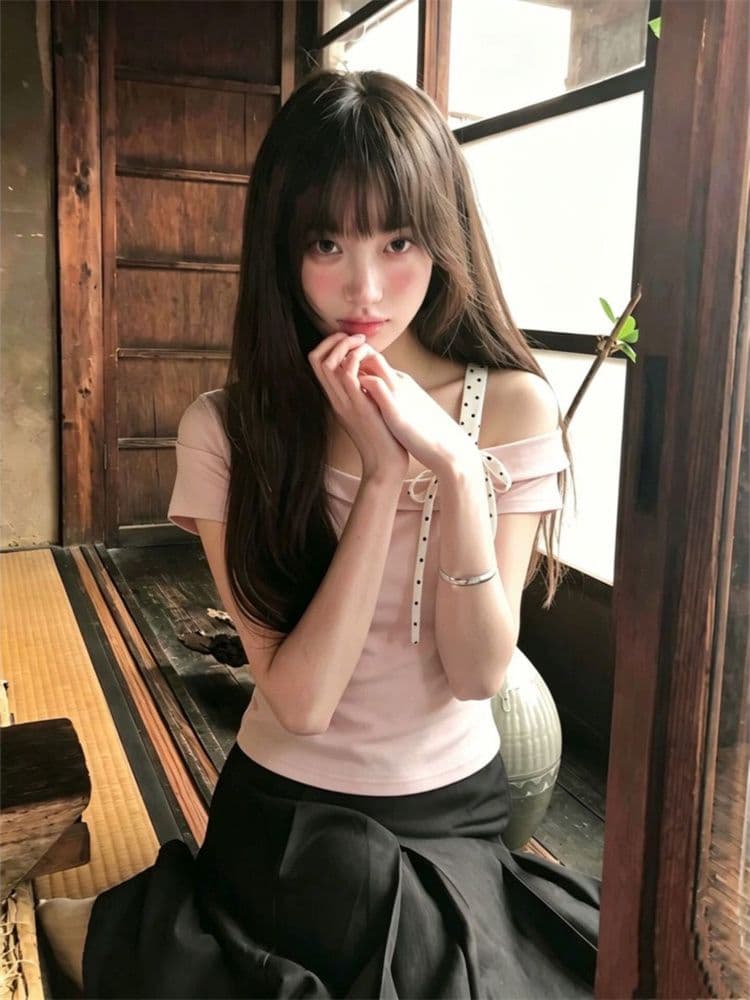 40 순면 양면 칫솔질 프랑스식 나비 매듭 비스듬한 칼라 오프숄더 슬립 티셔츠 작은 키 몸매 가꾸기 쇼트 스타일 반팔 상세 이미지 5