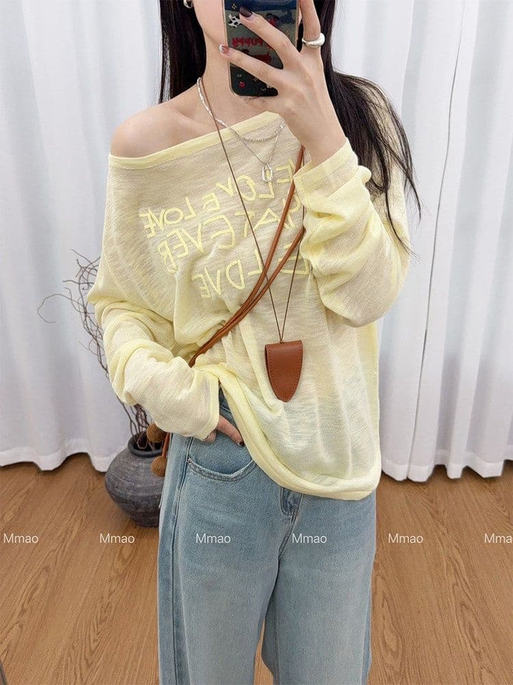 대나무 마디 리브 황색 어깨 티셔츠 여성 여름 디자인 센스 알파벳 프린트 얇은 스타일 통기성 긴팔 자외선 차단 맨위 상세 이미지 1