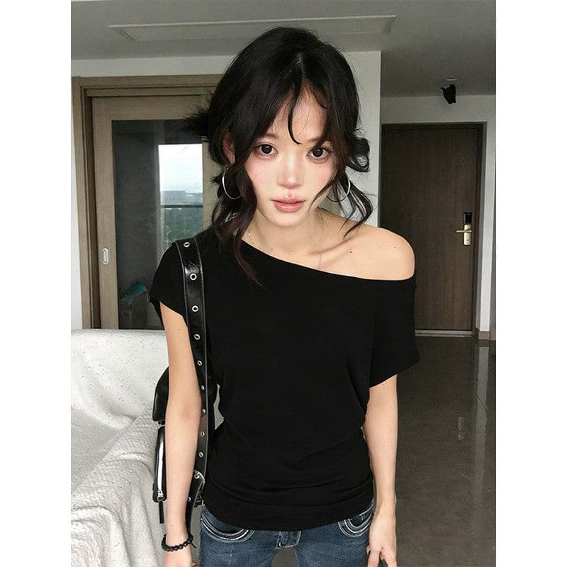 40 1 1 순면 아메리칸 핫걸 비스듬한 어깨 반팔 여성 여름 주름 오프숄더 티셔츠 허리 수축 슬림해 보이는 캐주얼 맨위