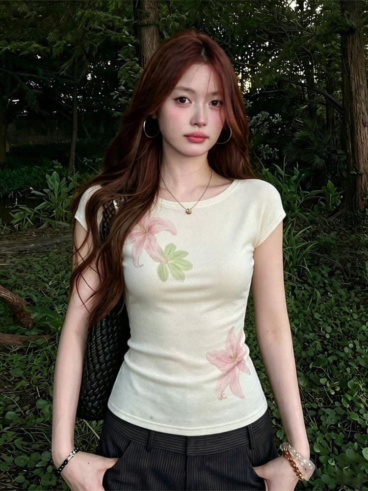 260 그램 모달 아메리칸 핫걸 반팔 티셔츠 여성 여름 꽃 프린트 디자인 센스 몸매 가꾸기 슬림해 보이는 라운드 넥 맨위 상세 이미지 3