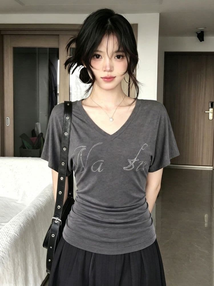 260 그램 모달 주름 허리 수축 아메리칸 핫걸 핫픽스 회색 반팔 티셔츠 여성 여름 몸매 가꾸기 슬림해 보이는 맨위 이미지 4