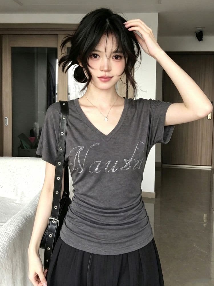 260 그램 모달 주름 허리 수축 아메리칸 핫걸 핫픽스 회색 반팔 티셔츠 여성 여름 몸매 가꾸기 슬림해 보이는 맨위
