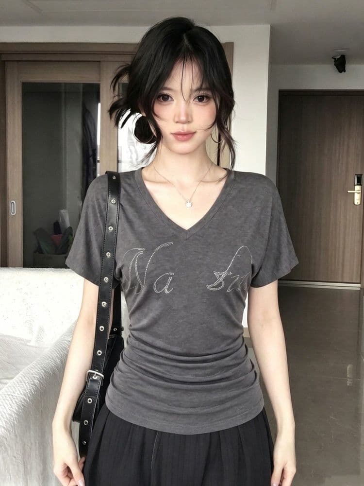 260 그램 모달 주름 허리 수축 아메리칸 핫걸 핫픽스 회색 반팔 티셔츠 여성 여름 몸매 가꾸기 슬림해 보이는 맨위 상세 이미지 2