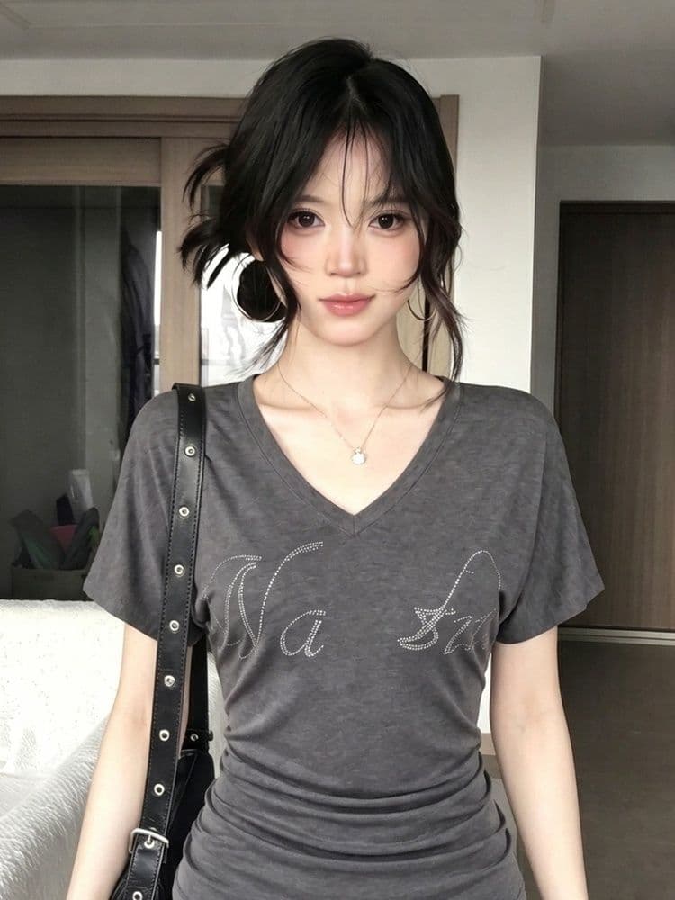 260 그램 모달 주름 허리 수축 아메리칸 핫걸 핫픽스 회색 반팔 티셔츠 여성 여름 몸매 가꾸기 슬림해 보이는 맨위 상세 이미지 6