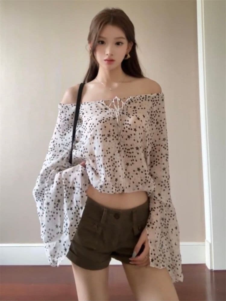 원본 쉬폰 프랑스식 오프숄더 별 도트 무늬 긴팔 자외선 차단 여성 셔츠 여름 외부 가져 가라. 루즈핏 오프숄더 맨위 이미지 2