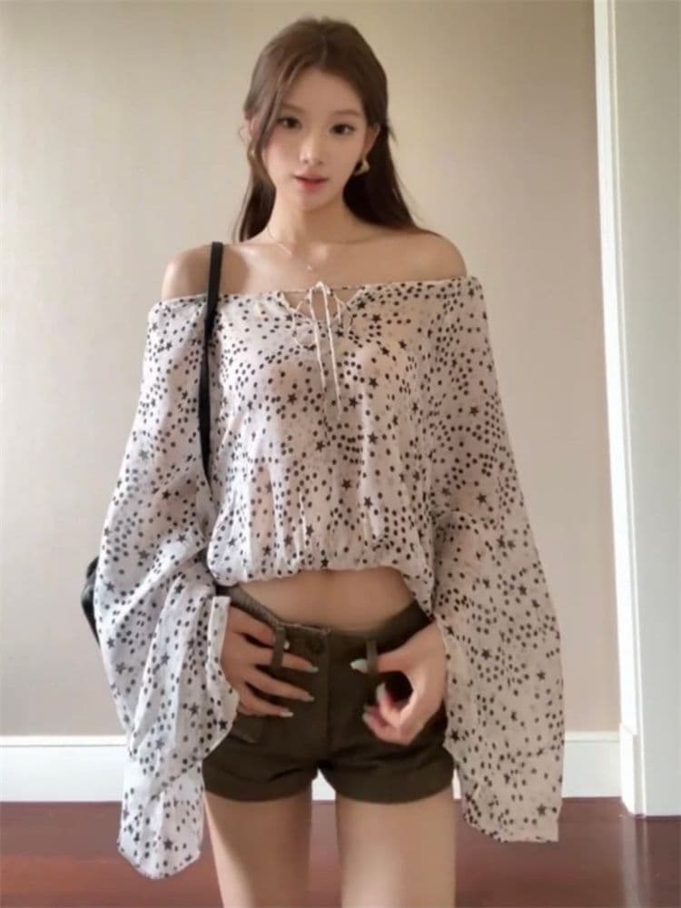 원본 쉬폰 프랑스식 오프숄더 별 도트 무늬 긴팔 자외선 차단 여성 셔츠 여름 외부 가져 가라. 루즈핏 오프숄더 맨위 상세 이미지 3