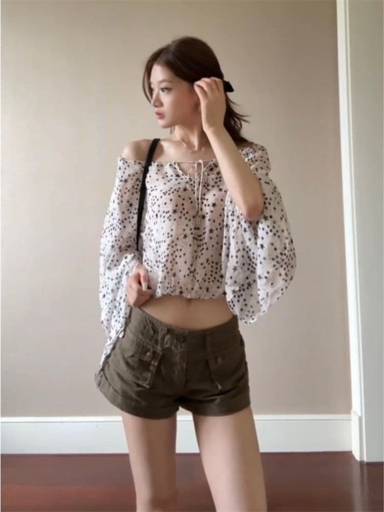 원본 쉬폰 프랑스식 오프숄더 별 도트 무늬 긴팔 자외선 차단 여성 셔츠 여름 외부 가져 가라. 루즈핏 오프숄더 맨위 상세 이미지 4