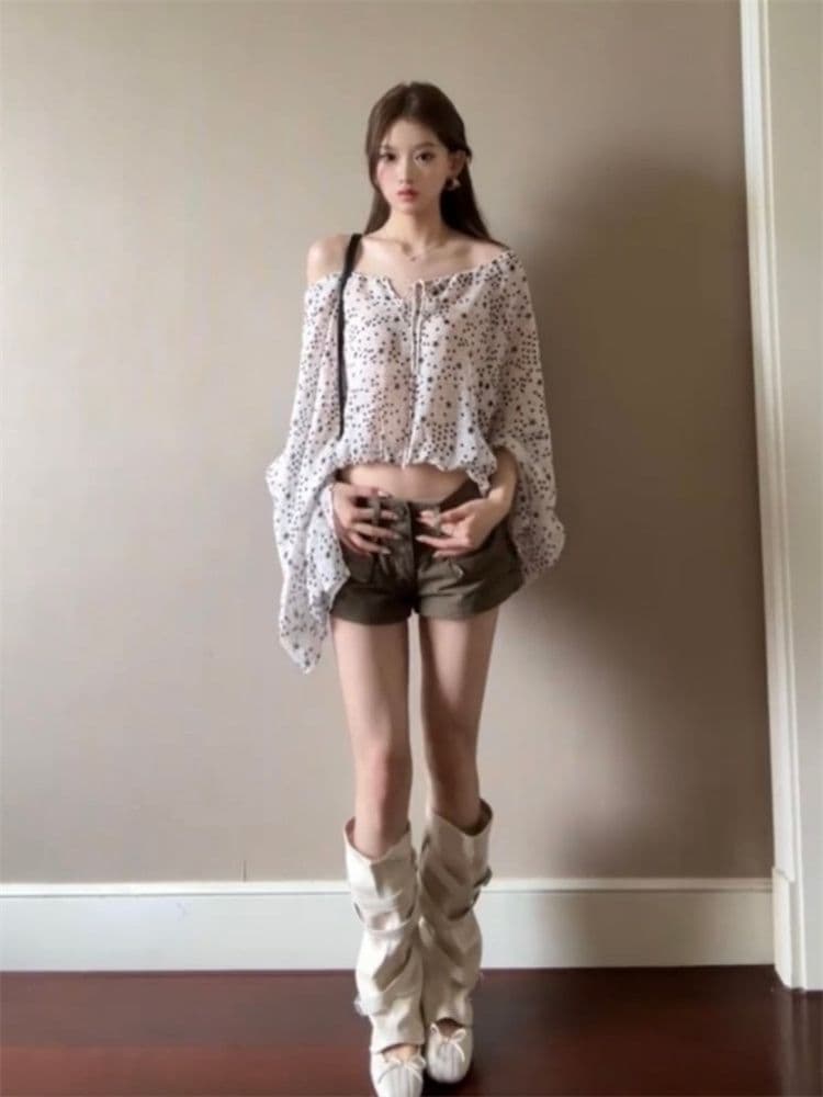 원본 쉬폰 프랑스식 오프숄더 별 도트 무늬 긴팔 자외선 차단 여성 셔츠 여름 외부 가져 가라. 루즈핏 오프숄더 맨위 상세 이미지 5