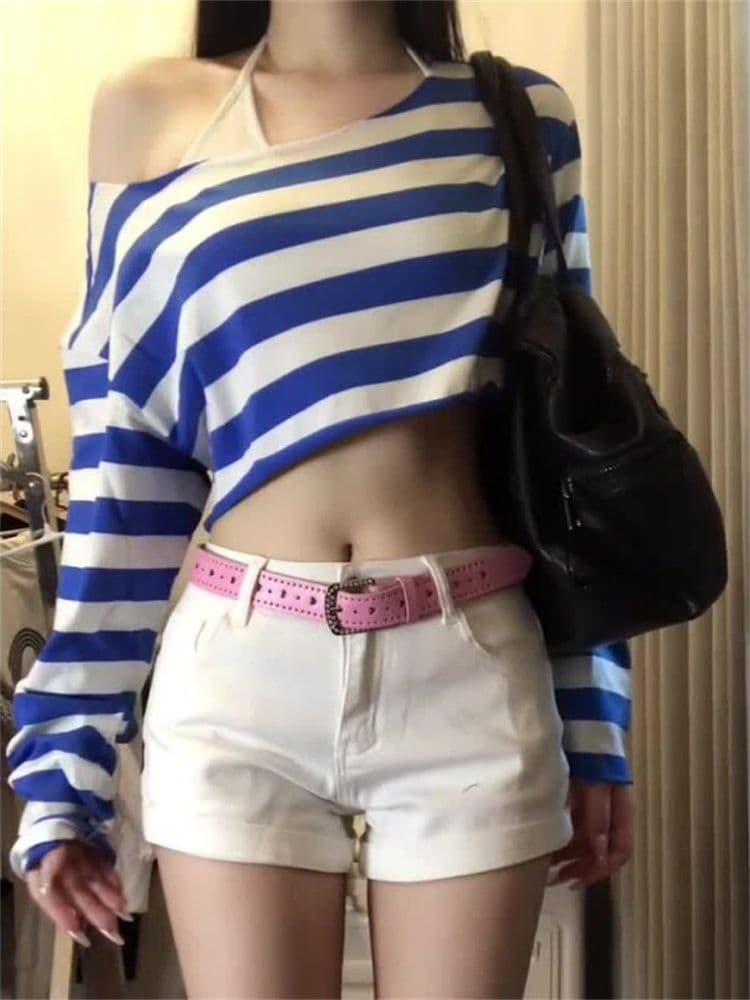순면 당겨 프레임 순수한 욕망 핫걸 블루 화이트 스트라이프 비스듬한 어깨 긴팔 티셔츠 여성 여름 하이웨이스트 쇼트 스타일 이슬 뼈의 맨위