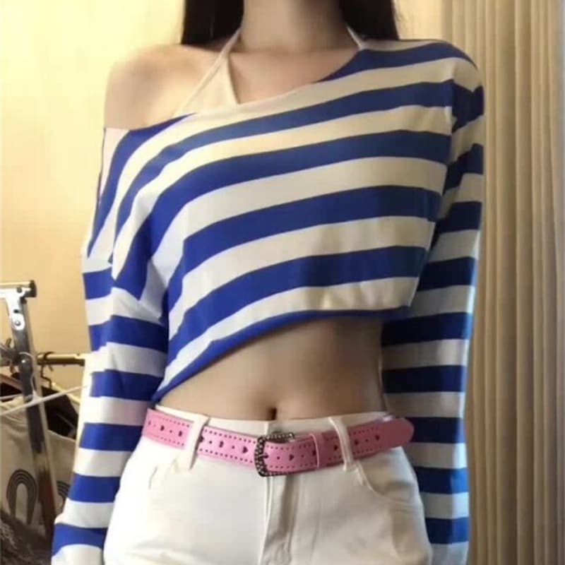 순면 당겨 프레임 순수한 욕망 핫걸 블루 화이트 스트라이프 비스듬한 어깨 긴팔 티셔츠 여성 여름 하이웨이스트 쇼트 스타일 이슬 뼈의 맨위 이미지 5