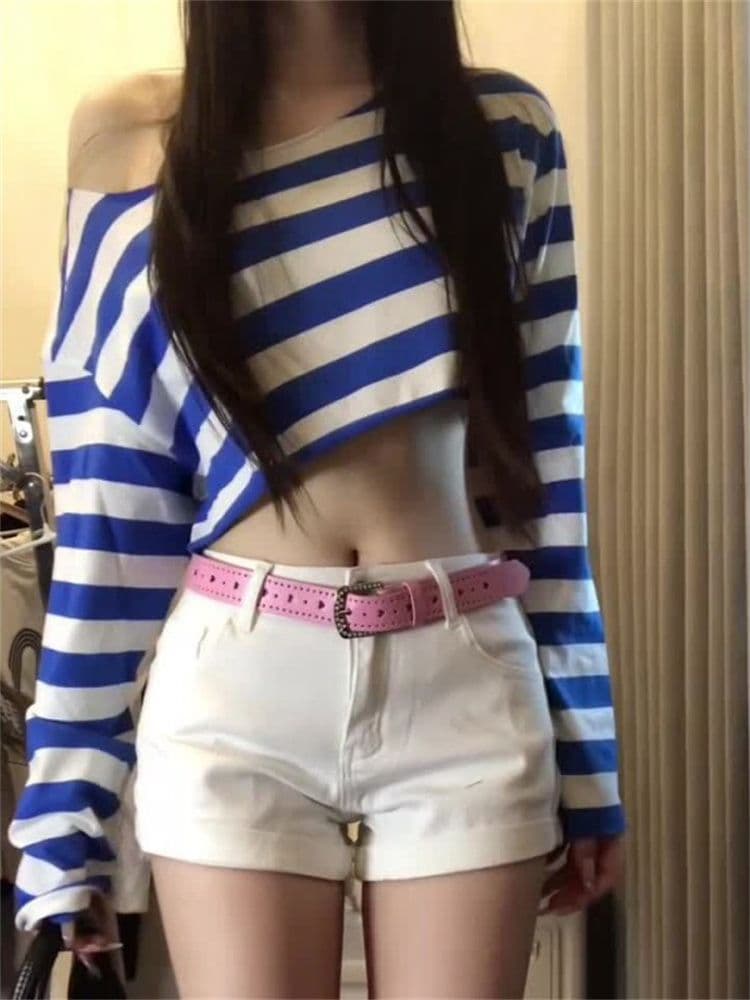 순면 당겨 프레임 순수한 욕망 핫걸 블루 화이트 스트라이프 비스듬한 어깨 긴팔 티셔츠 여성 여름 하이웨이스트 쇼트 스타일 이슬 뼈의 맨위 상세 이미지 5