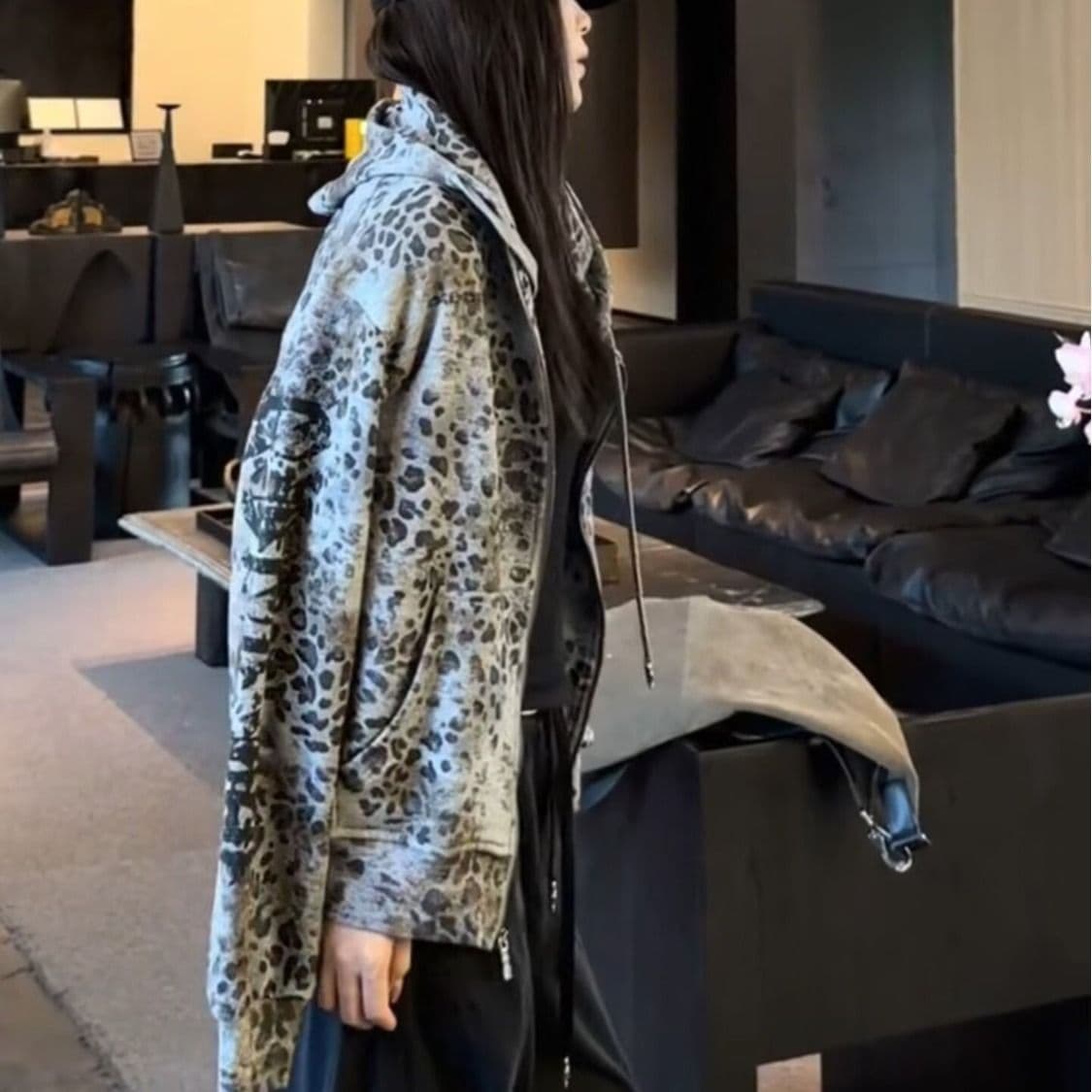 아메리칸 레오파드 무늬 후드 지퍼 후드티 재킷 남녀 가을 겨울 디자인 센스 루즈핏 커플 맨위 ins 이미지 3