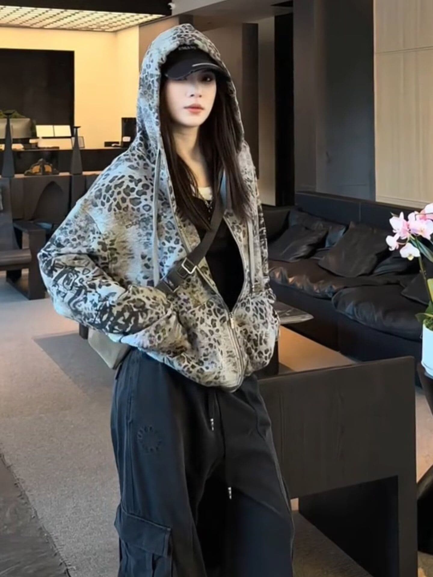 아메리칸 레오파드 무늬 후드 지퍼 후드티 재킷 남녀 가을 겨울 디자인 센스 루즈핏 커플 맨위 ins 상세 이미지 7