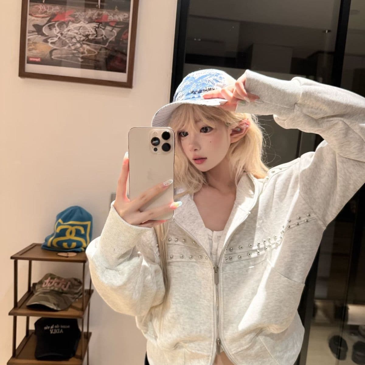 비즈 박기 아메리칸 후드 티 스웨터 재킷 가을 캐주얼 지퍼 오픈 가디건 얇은 스타일 작은 키 쇼트 스타일 맨위 이미지 3
