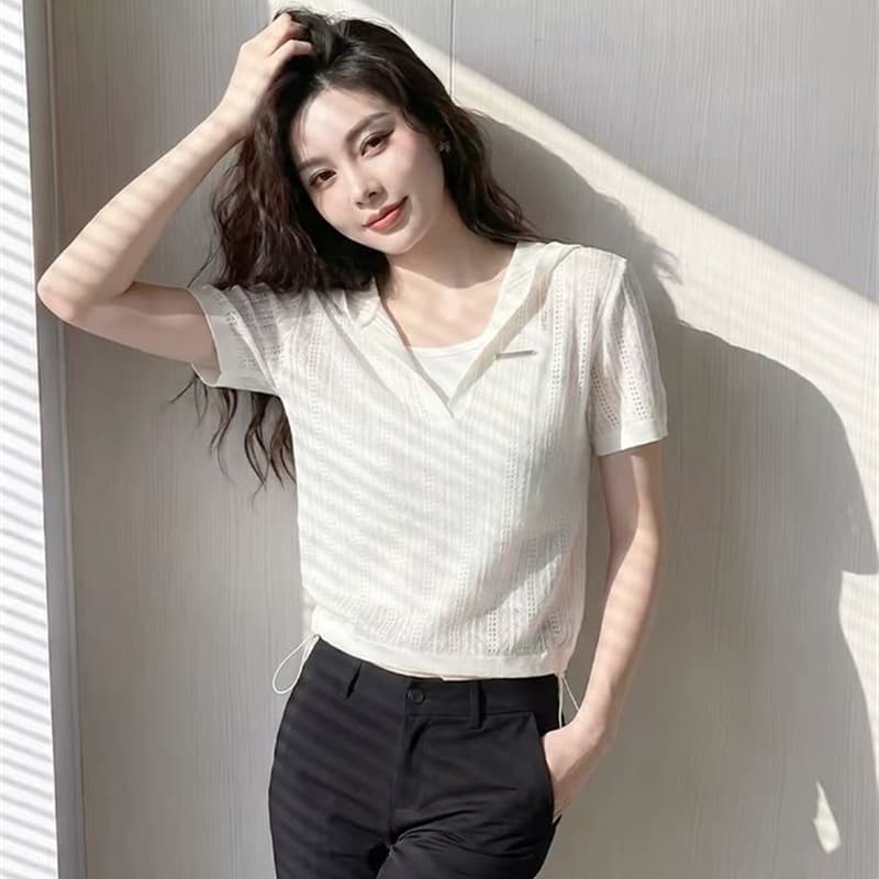 한 부서 홀로우 아웃 후드 얼음 색상 니트 반팔 티셔츠 여성 여름 자이언트 잘 생긴 다용도 통기성 얇은 스타일 맨위 이미지 4