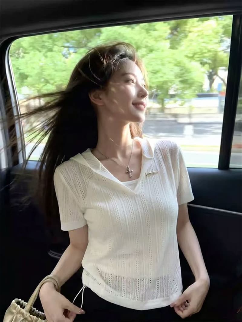 한 부서 홀로우 아웃 후드 얼음 색상 니트 반팔 티셔츠 여성 여름 자이언트 잘 생긴 다용도 통기성 얇은 스타일 맨위 상세 이미지 12