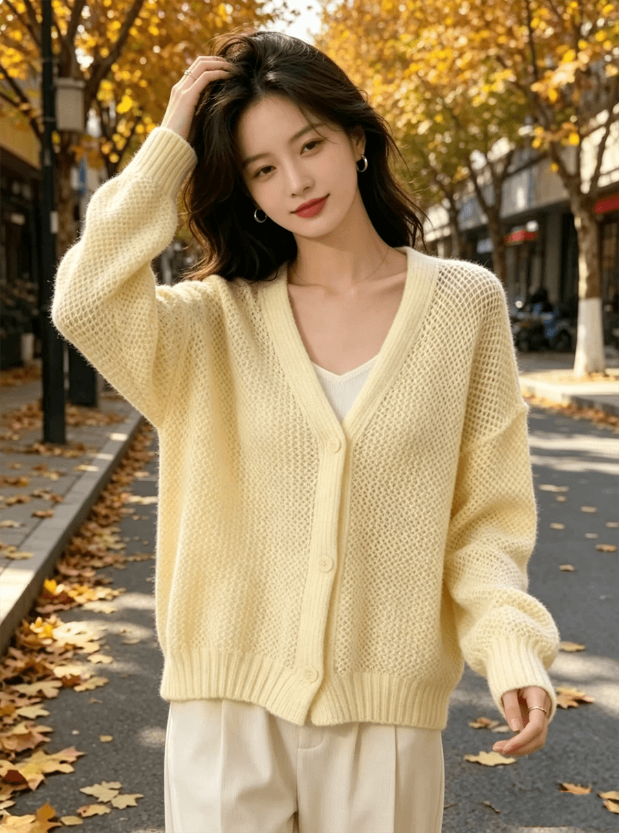 봄 가을 겨울 새로운 느긋한 바람 V넥 오픈 가디건 루즈핏 단추 니트 스웨터 고급 부드러운 여성 의류 스웨터 코트 상세 이미지 12