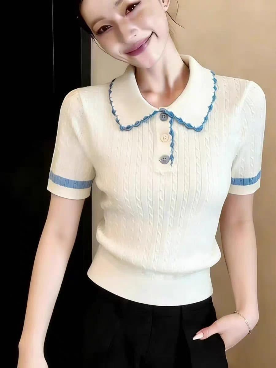 POLO 셔츠 반팔 티셔츠 여성 2026 여름 새로운 통통한 여동생 디자인 센스 작은 대중 얼음 실크 니트 스트라이프 맨위 이미지 3