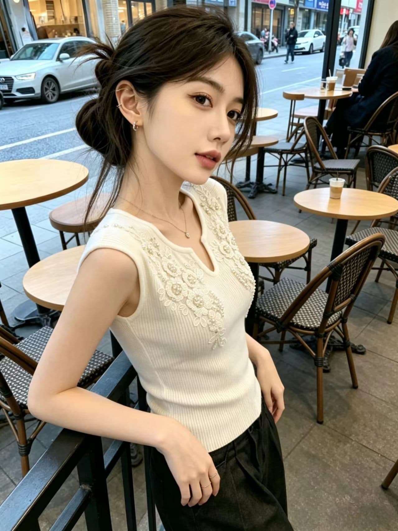 프랑스식 달콤한 스타일 무거운 작업 자수 꽃 니트 스웨터 여성 여름 V넥 작은 날다 소매 외국 가스 작은 대중 디자인 섹션 맨위 이미지 3
