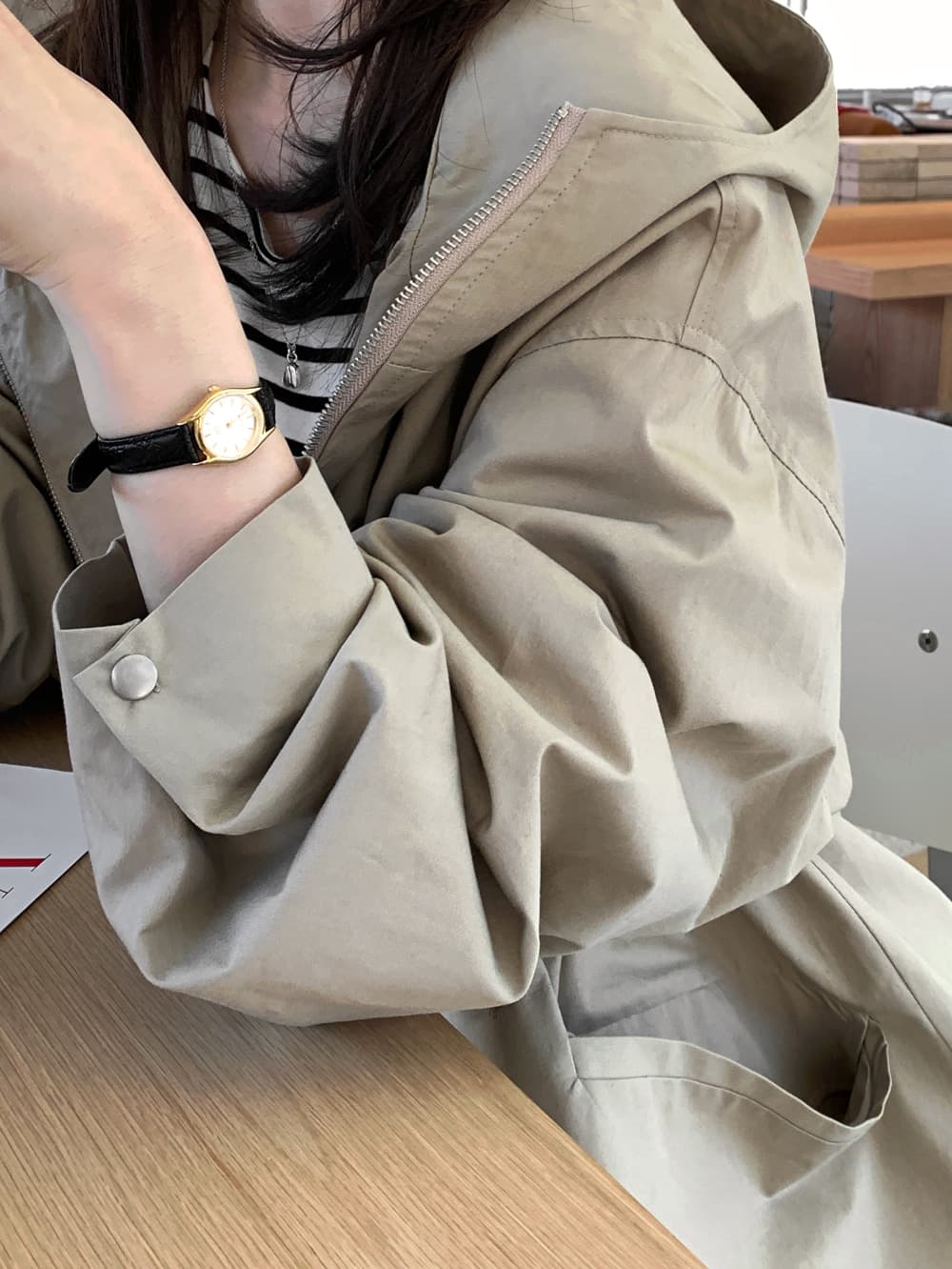 캐주얼 바람 후드 허리 수축 재킷 재킷 바람막이 여성 한국 chic 단색 캐주얼 빛 요리 한 패션 상세 이미지 11