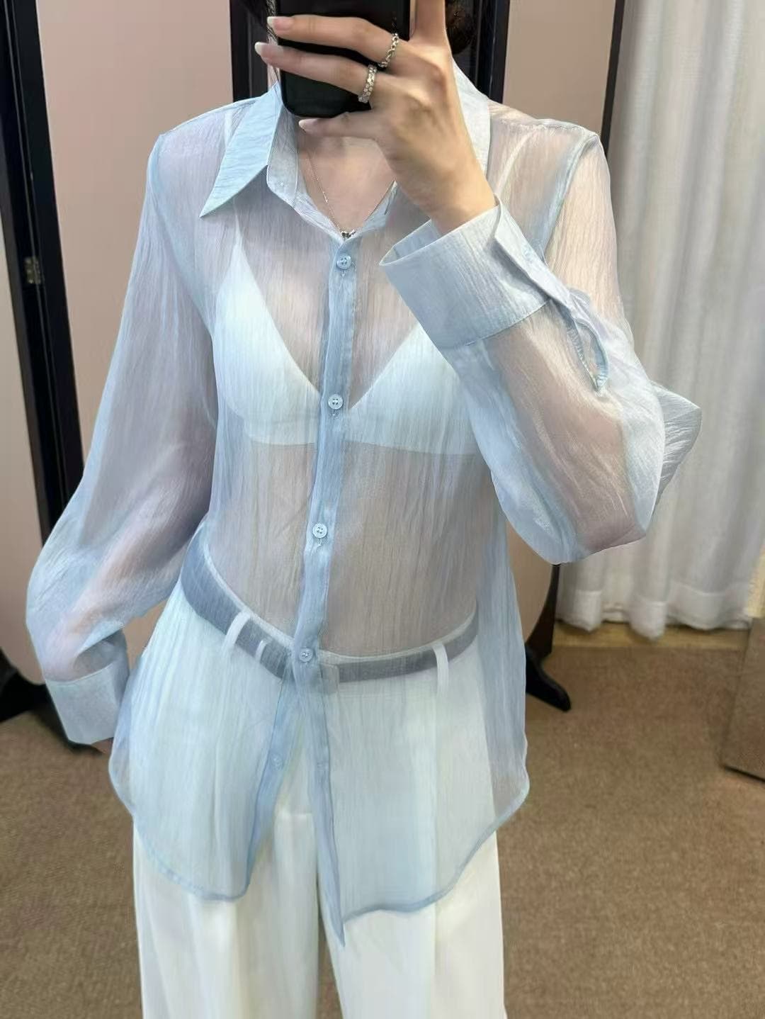 섹시함 바람 시스루 긴팔 여성 셔츠 한국 스타일 chic 이미지 4
