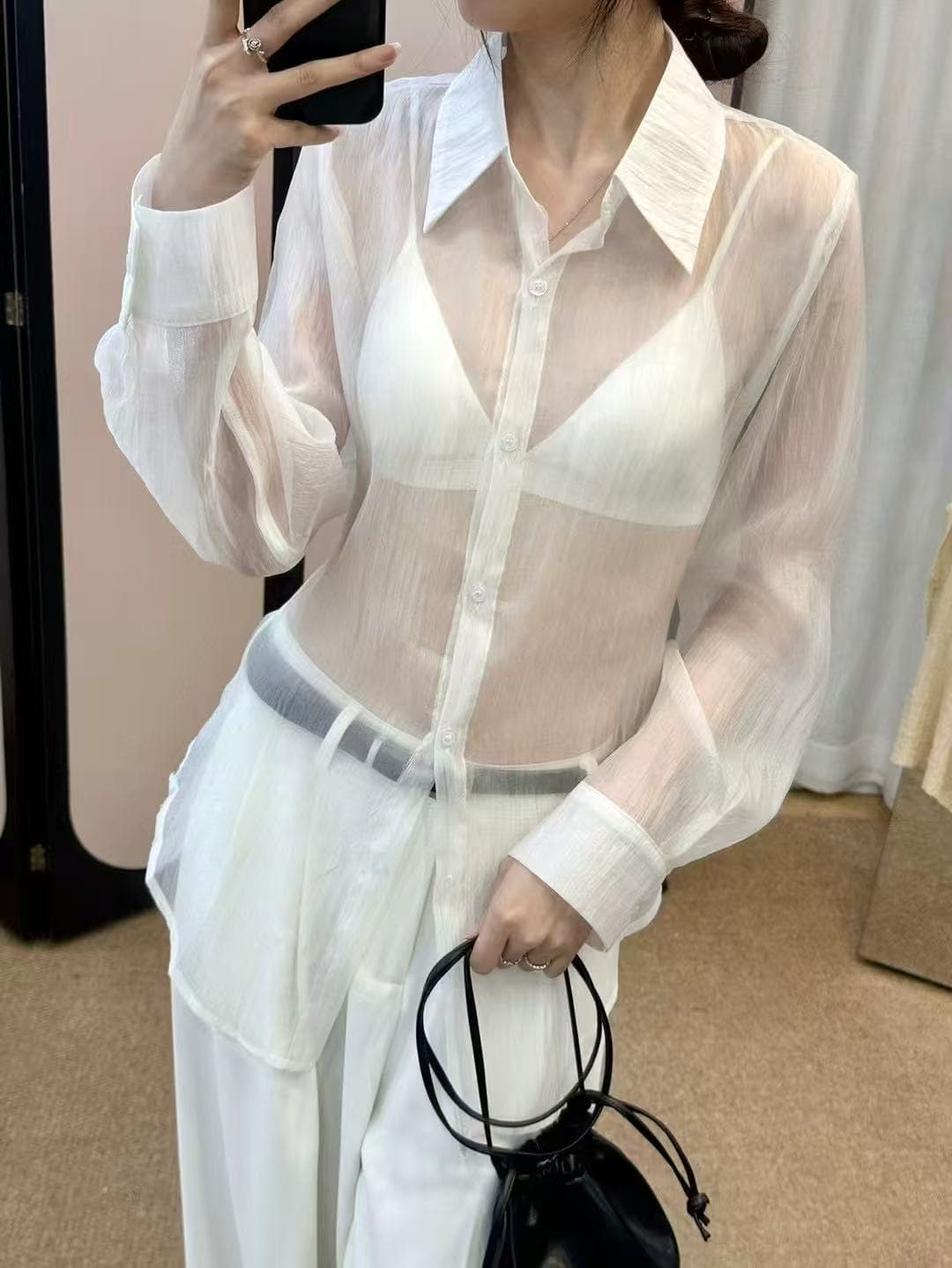 섹시함 바람 시스루 긴팔 여성 셔츠 한국 스타일 chic 상세 이미지 39