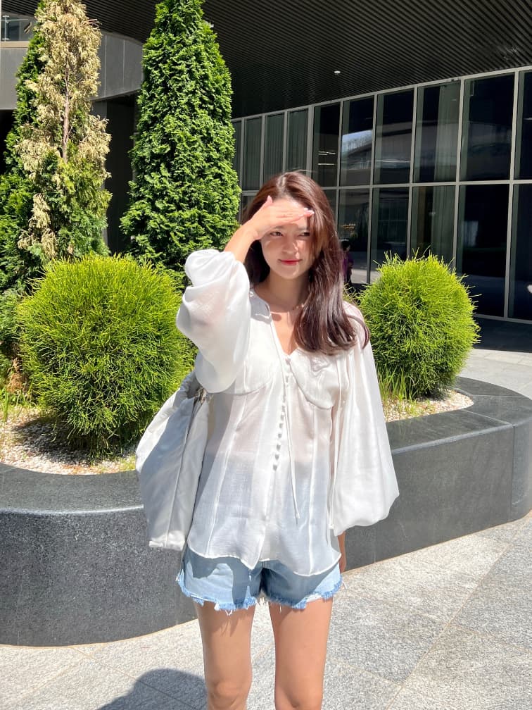 품격 V넥 벌룬 소매 쉬폰 블라우스 한국 스타일 chic 빛 요리 한 패션 명문 여성 숙녀 단색 루즈핏 빅 사이즈