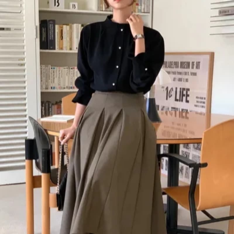 한국 chic 프랑스식 주름 스탠드 칼라 진주 단추 품격 맨위 이미지 2