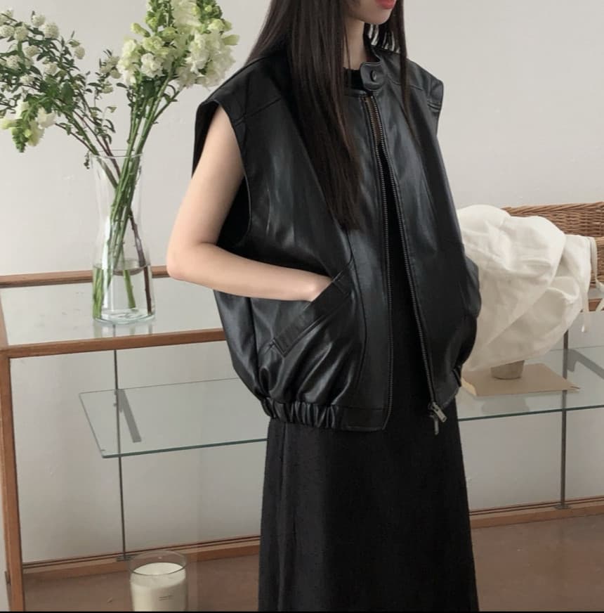 한국 동대문 가을 레트로 잘 생긴 라운드 넥 지퍼 민소매 PU 가죽 베스트 여성 코트 상세 이미지 4