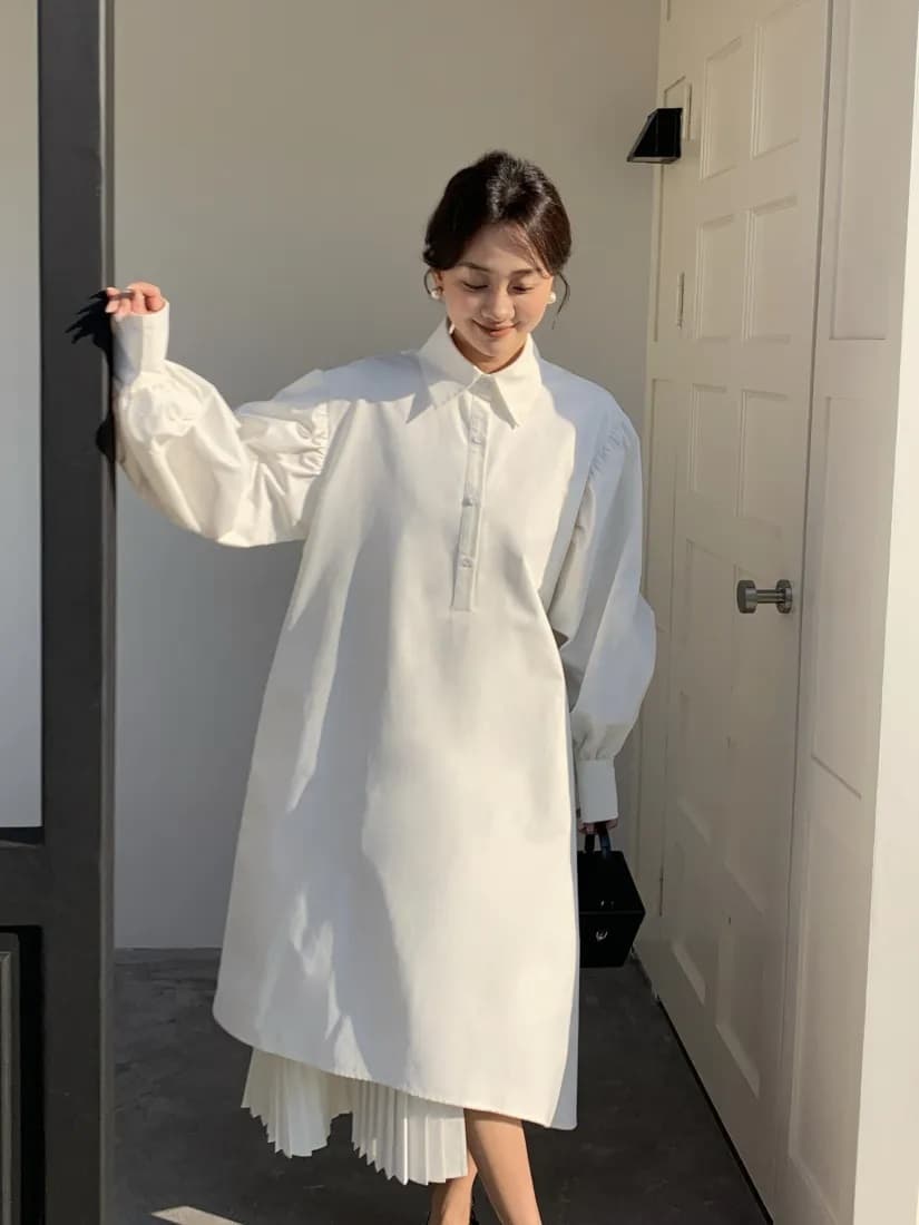 한국 동대문 가을 새로운 작은 대중 디자인 센스 패치워크 플리츠 셔츠 여성 드레스 이미지 4