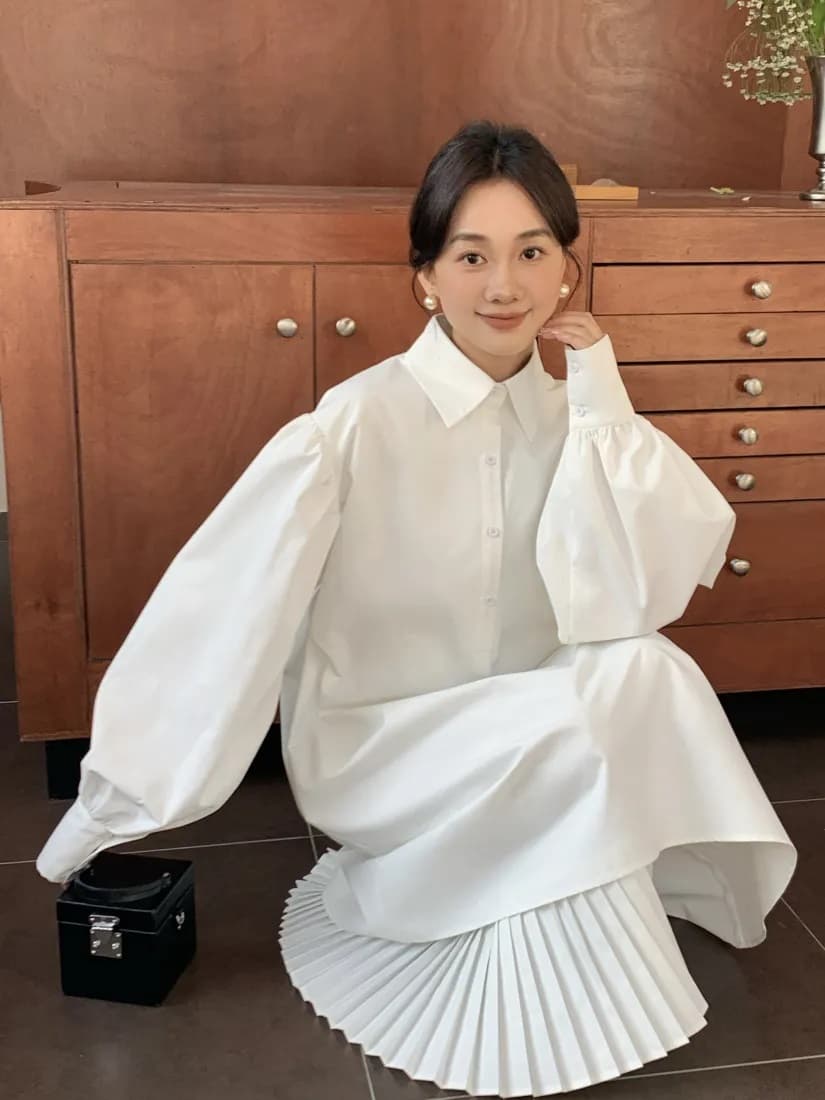한국 동대문 가을 새로운 작은 대중 디자인 센스 패치워크 플리츠 셔츠 여성 드레스